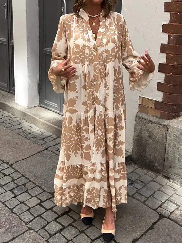 Ivyshape | Bell Sleeves Print Tiered Maxi Dress
