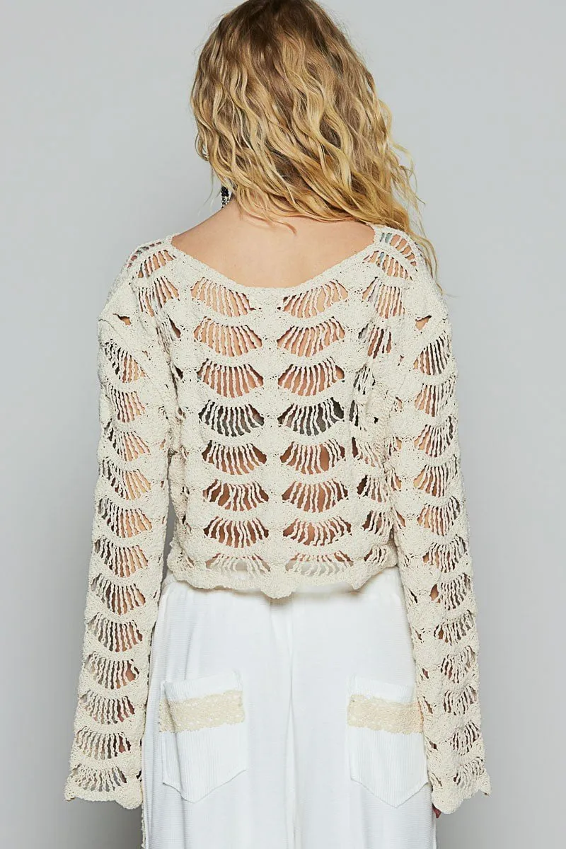 Janine Beige Long Sleeve Crochet Crop Top