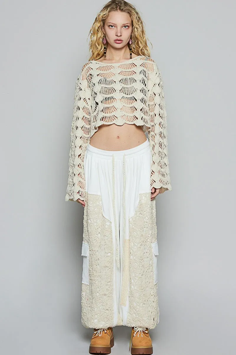 Janine Beige Long Sleeve Crochet Crop Top