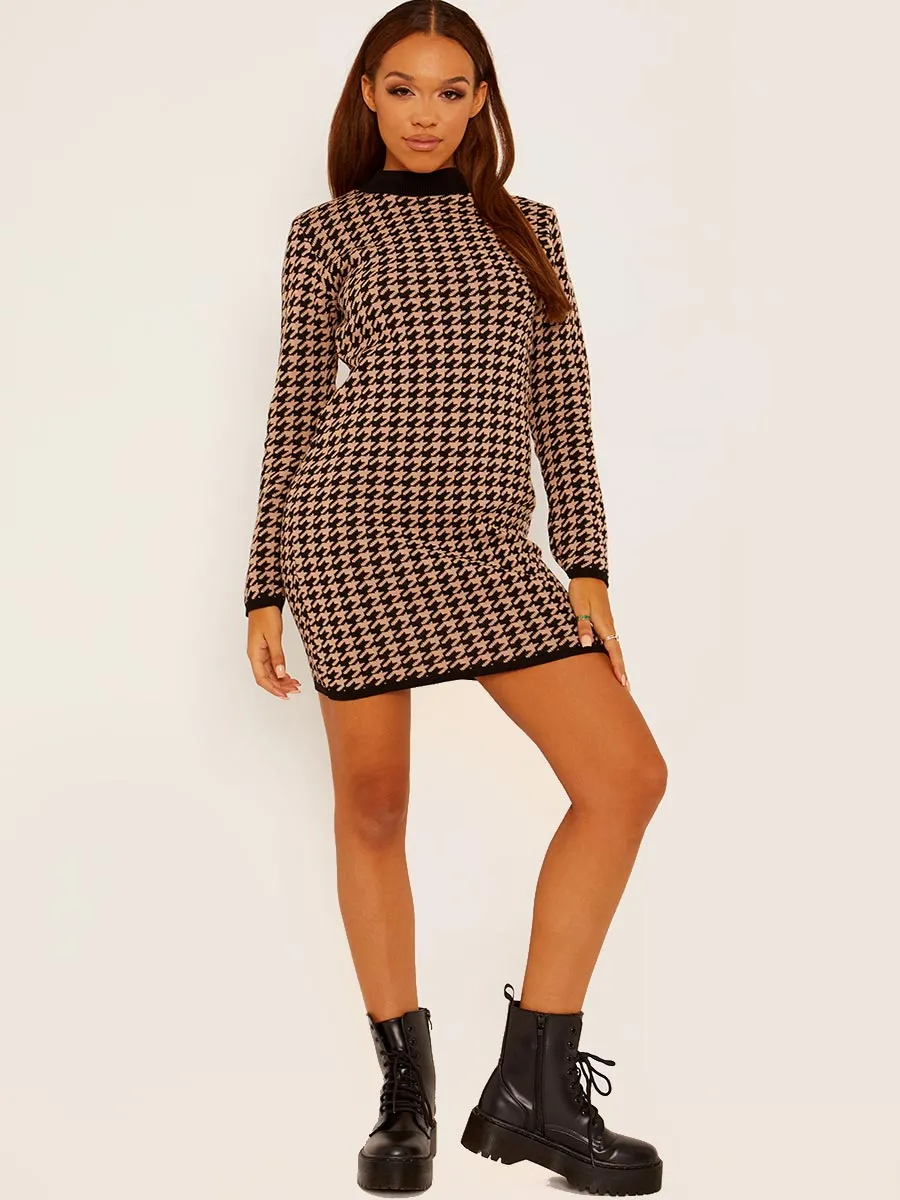 Keila Dogtooth Pattern Knitted Jumper Dress In Stone