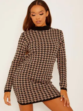 Keila Dogtooth Pattern Knitted Jumper Dress In Stone