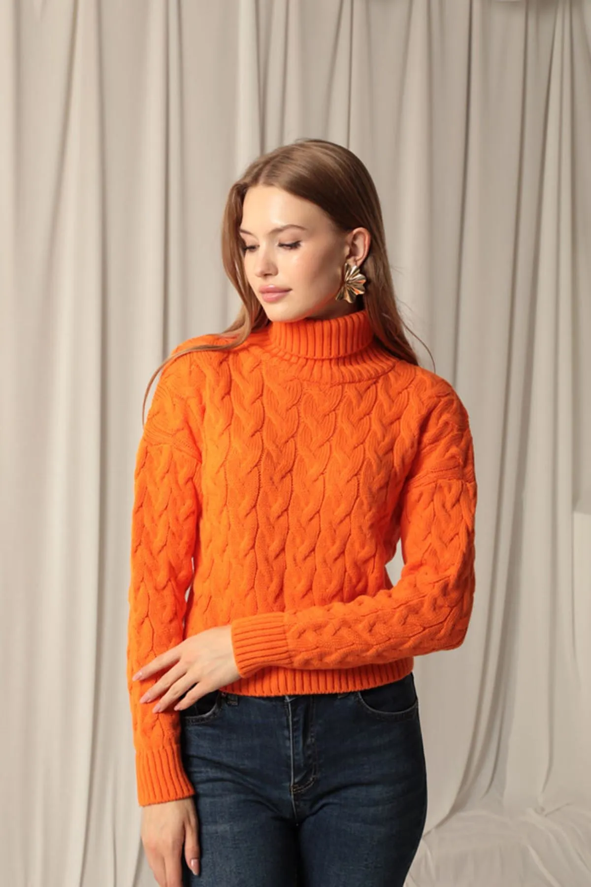 KKT Knitwear Fabric Knit Detailed Women's Orange Sweater - Darmstadt