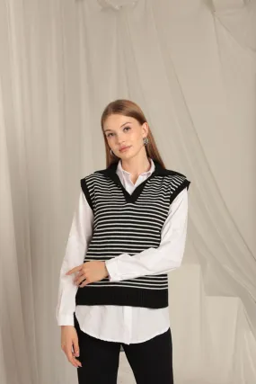 KKT Knitwear Fabric Striped Crop Women's Black Sweater - Arlington