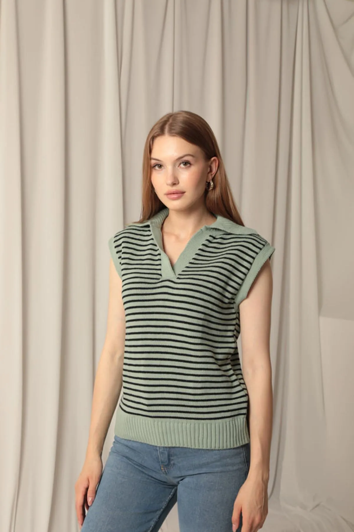 KKT Knitwear Fabric Striped Women's Crop Mint Sweater - Calais