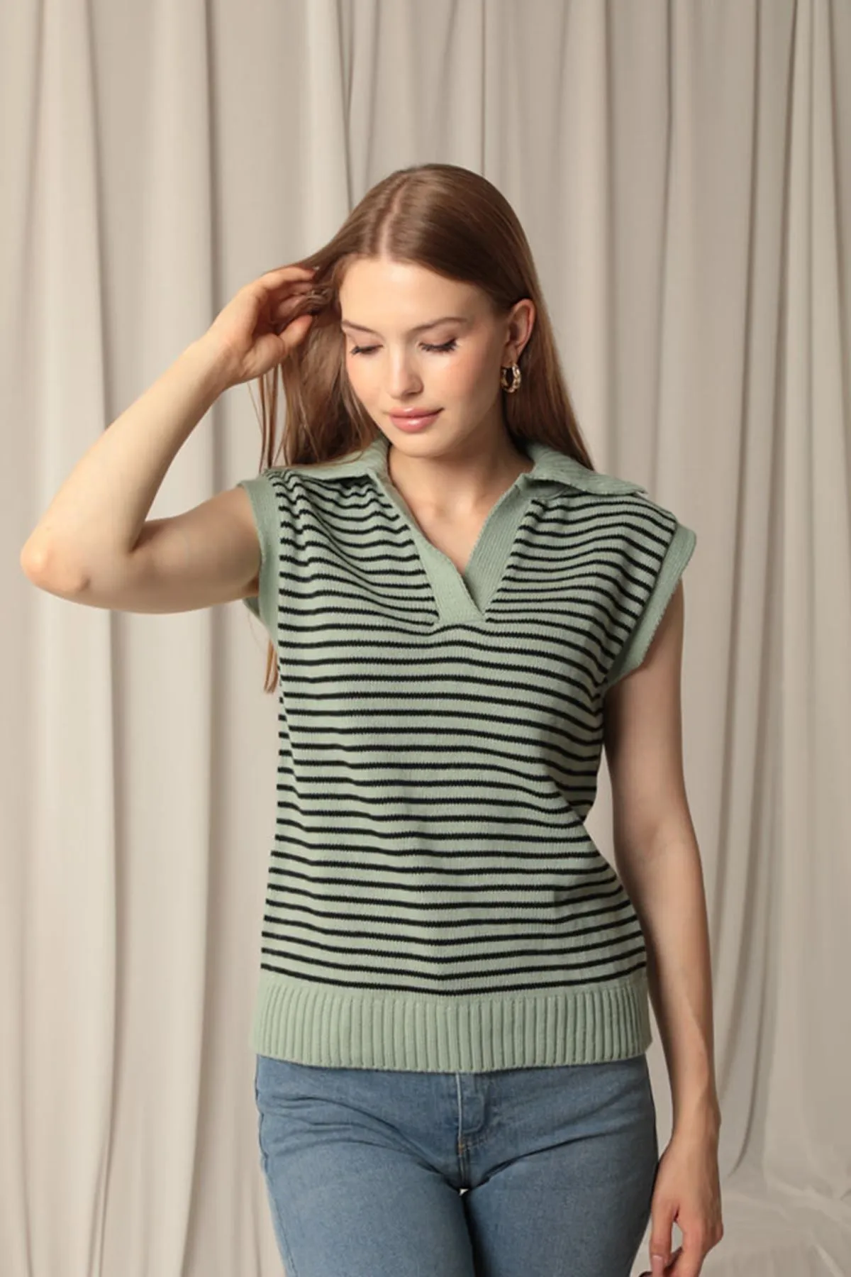 KKT Knitwear Fabric Striped Women's Crop Mint Sweater - Calais