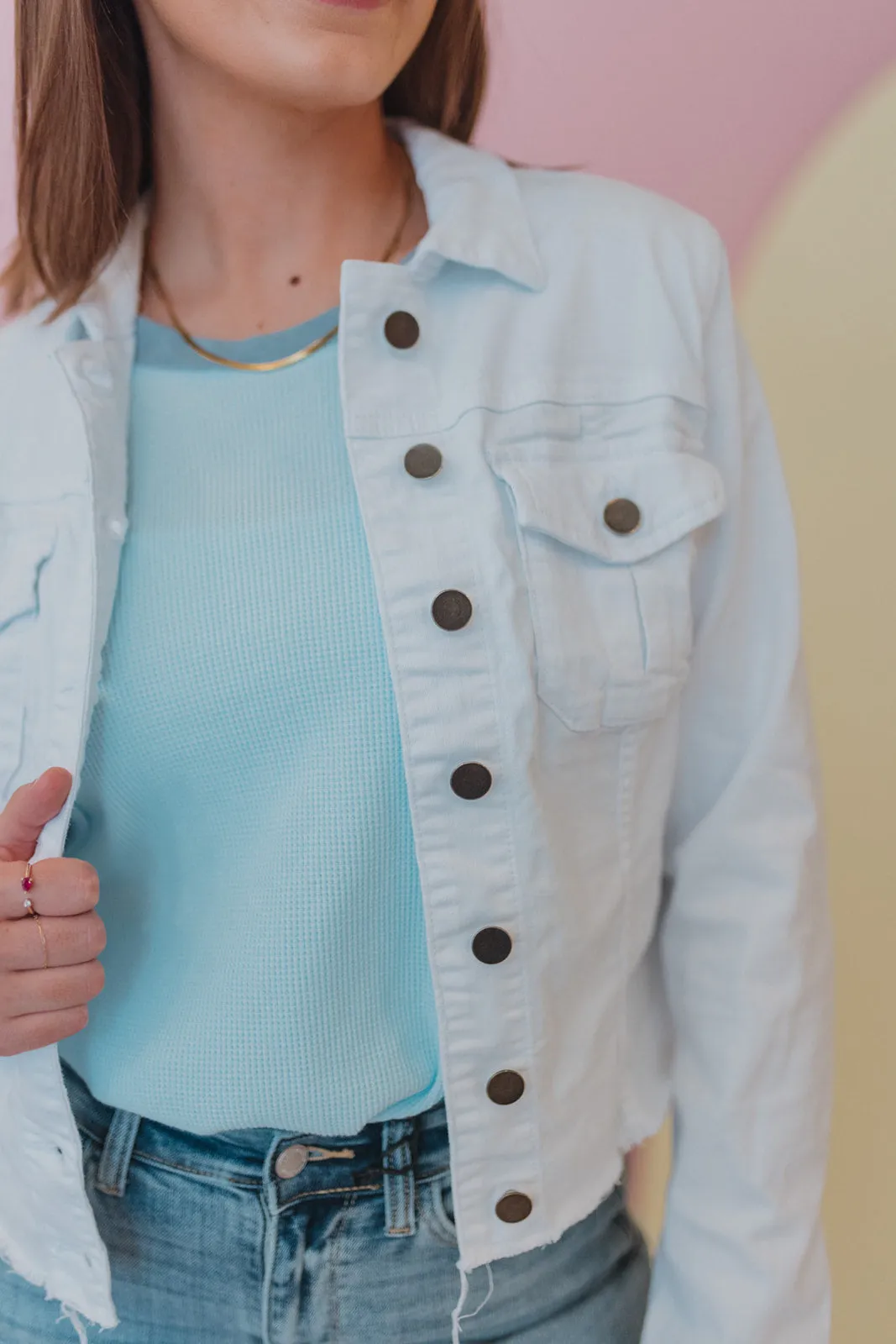 KUT Brand Kara Cropped White Denim Jacket