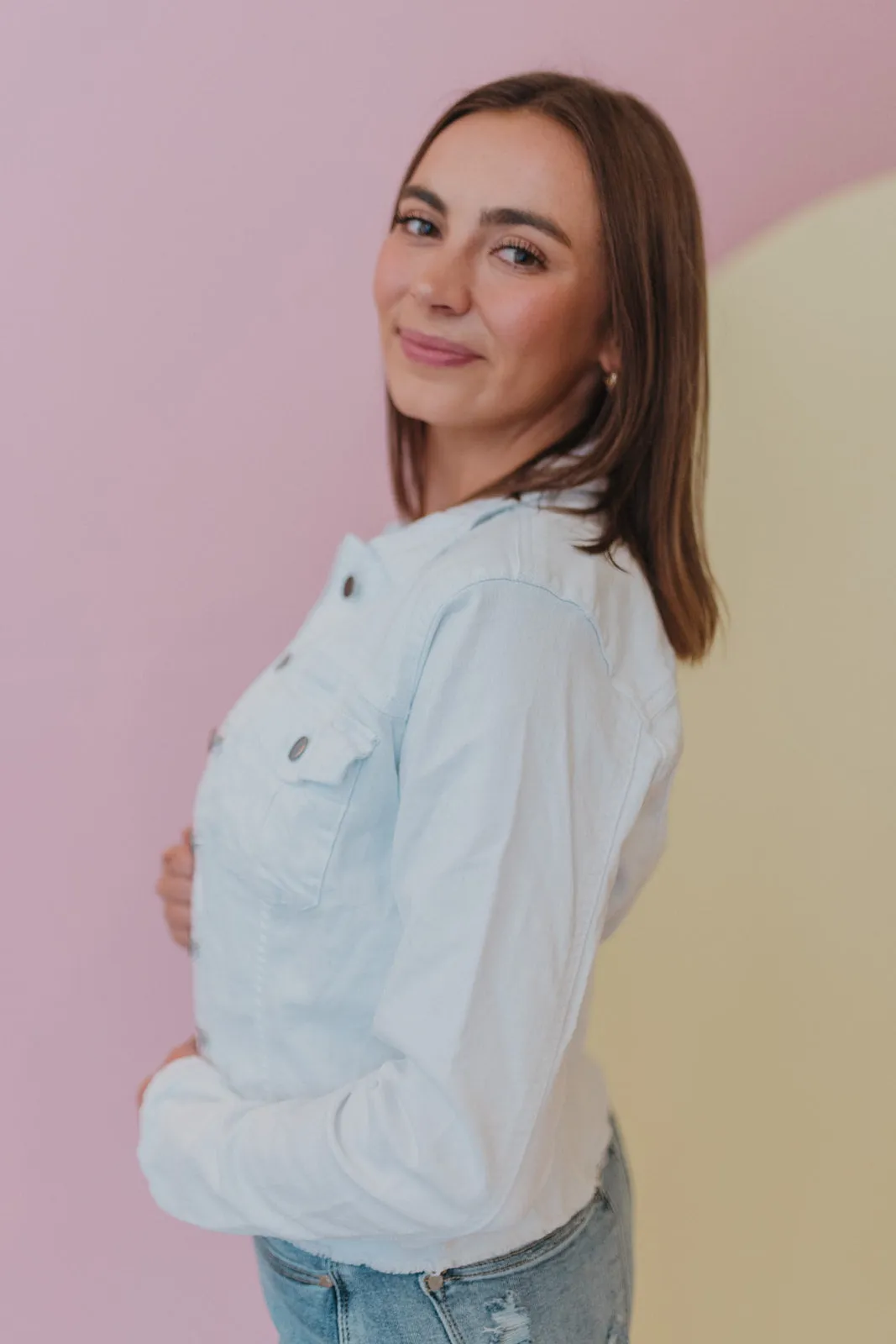 KUT Brand Kara Cropped White Denim Jacket