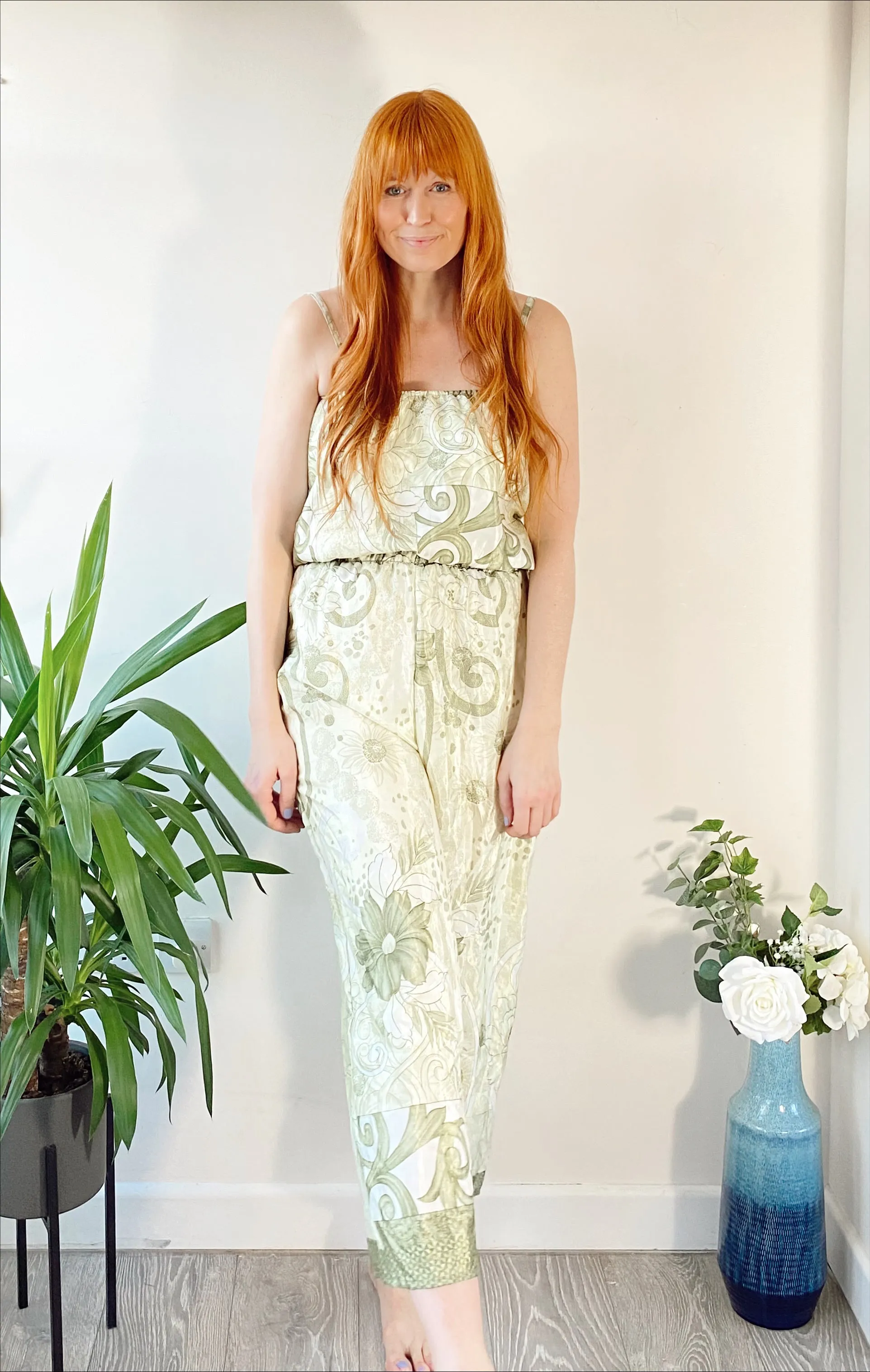 Layla light-green printed silk jumpsuit free-size UK 8-14