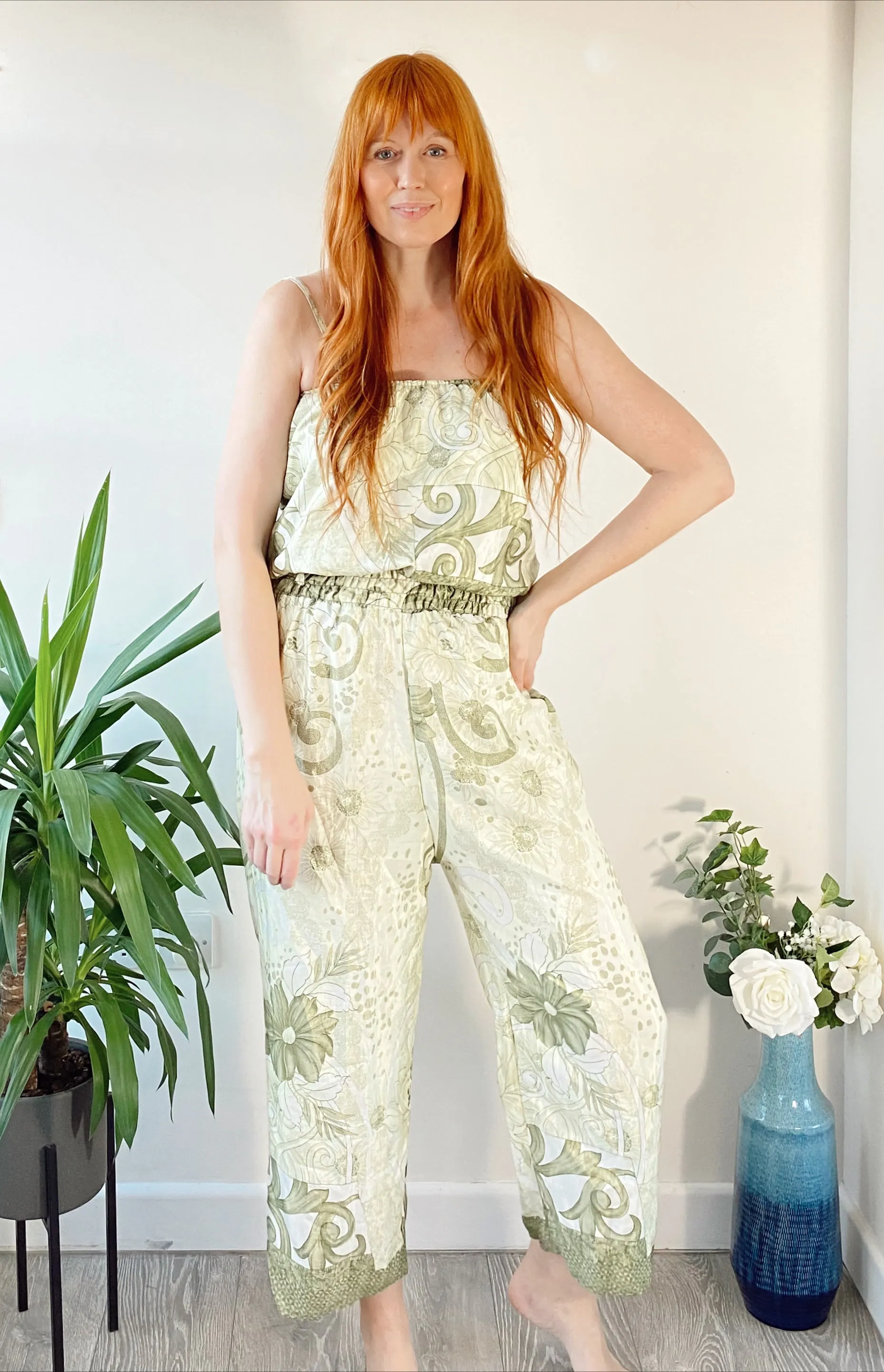 Layla light-green printed silk jumpsuit free-size UK 8-14