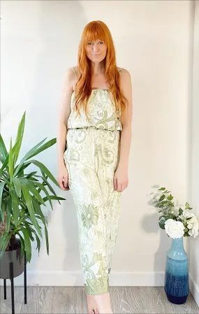 Layla light-green printed silk jumpsuit free-size UK 8-14
