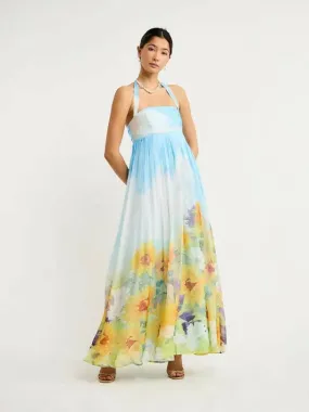 Leo Lin Claudette Silk Halter Maxi Dress In Sunflower Print Landscape Size 10