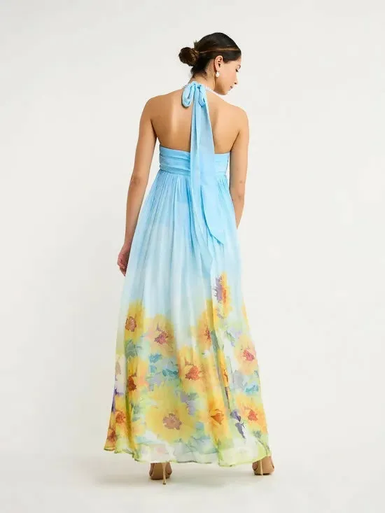 Leo Lin Claudette Silk Halter Maxi Dress In Sunflower Print Landscape Size 10