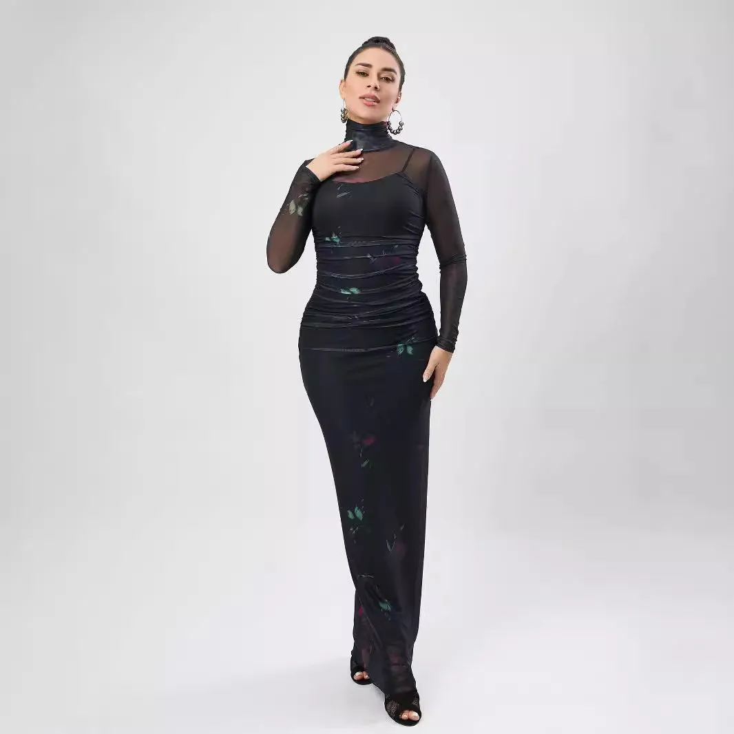 Long Sleeve Printed Mesh See Through Two Piece Formal Dress