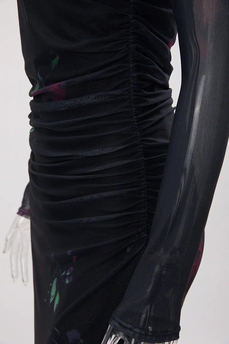 Long Sleeve Printed Mesh See Through Two Piece Formal Dress