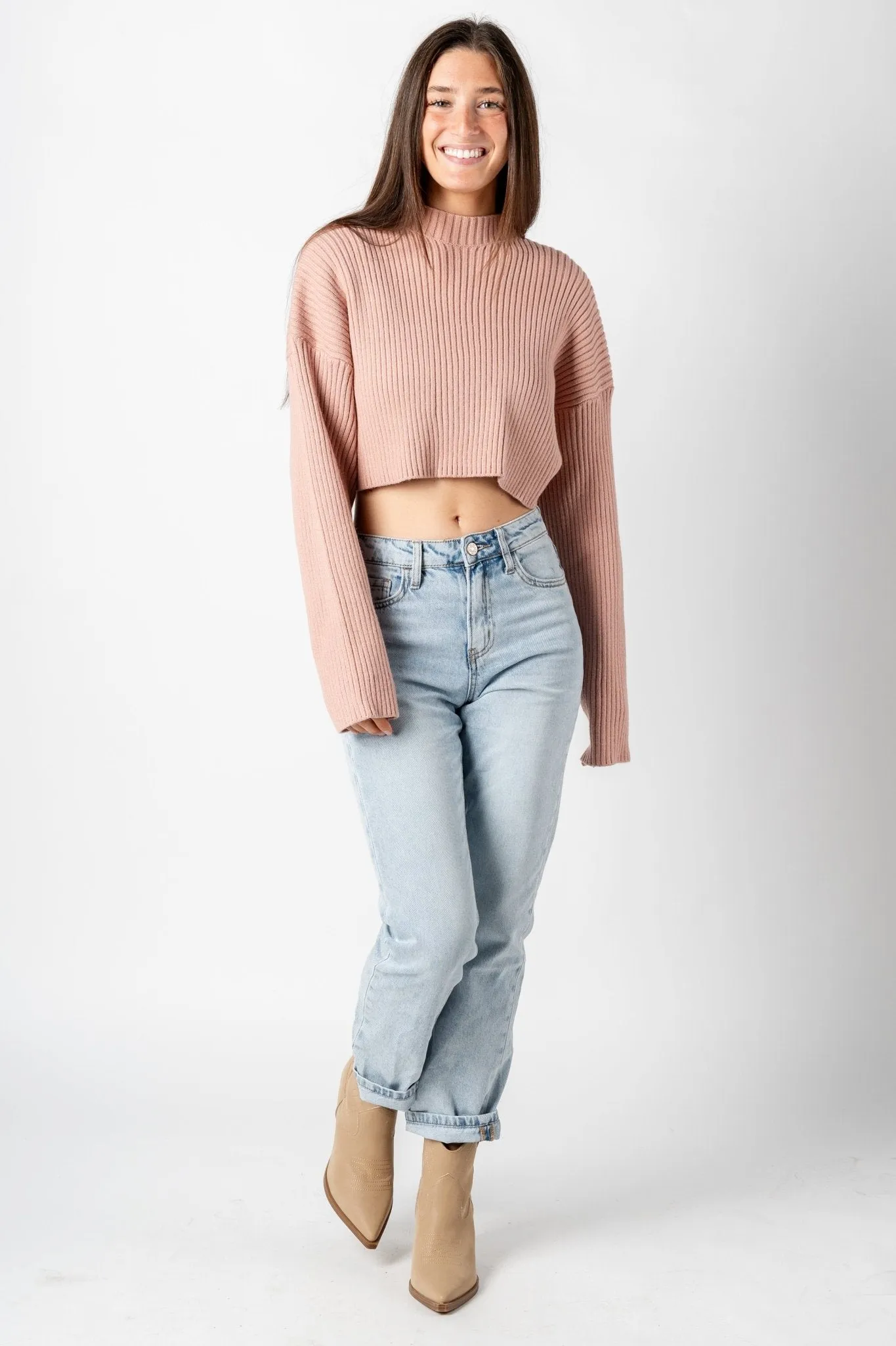 Long sleeve ribbed crop sweater dusty rose