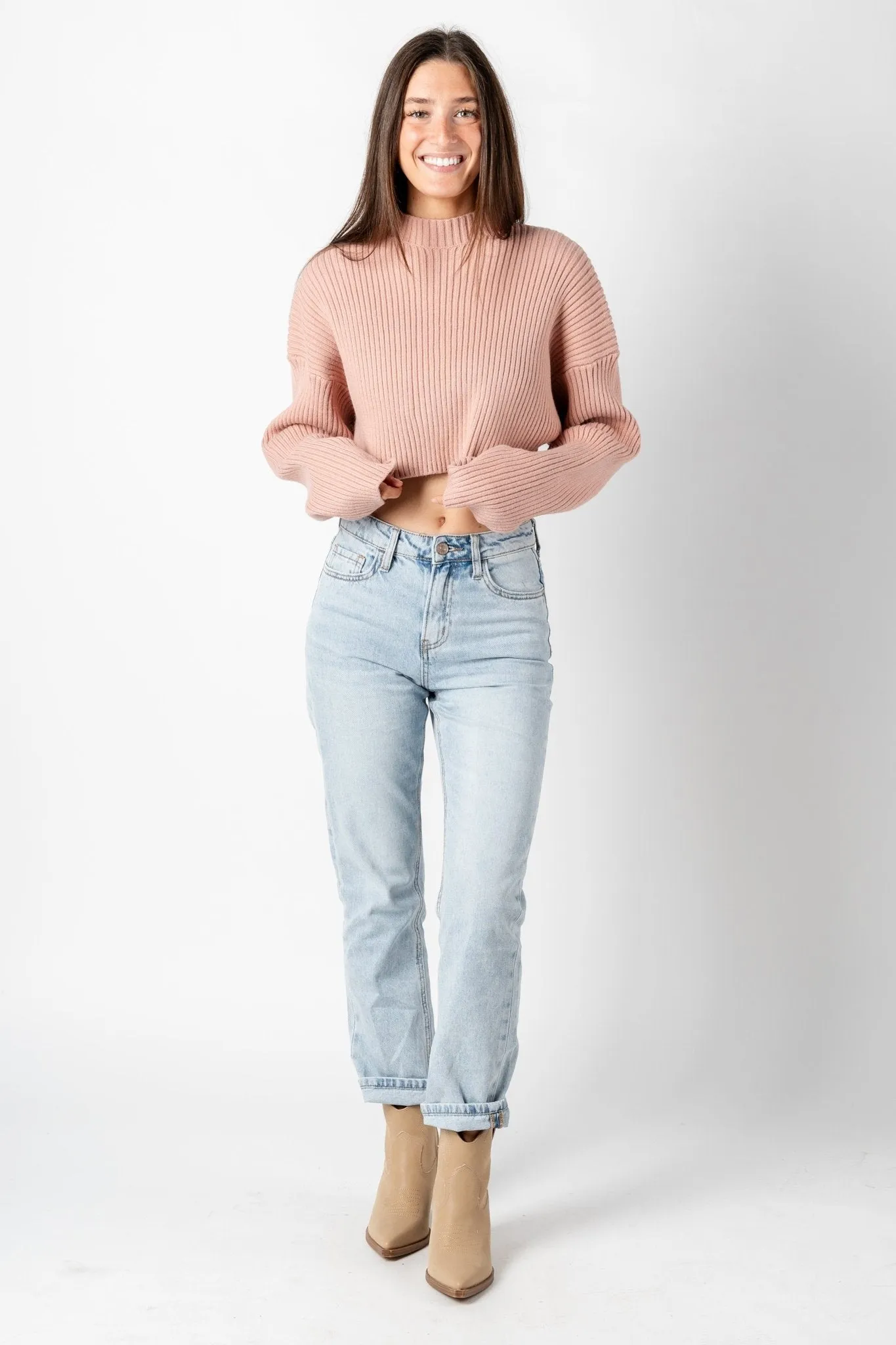 Long sleeve ribbed crop sweater dusty rose