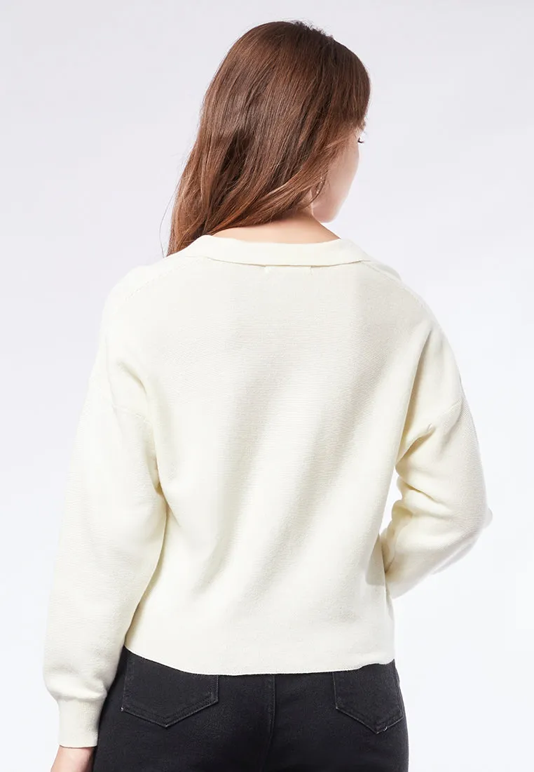 Loose V-Neck Sweater with Polo Collar