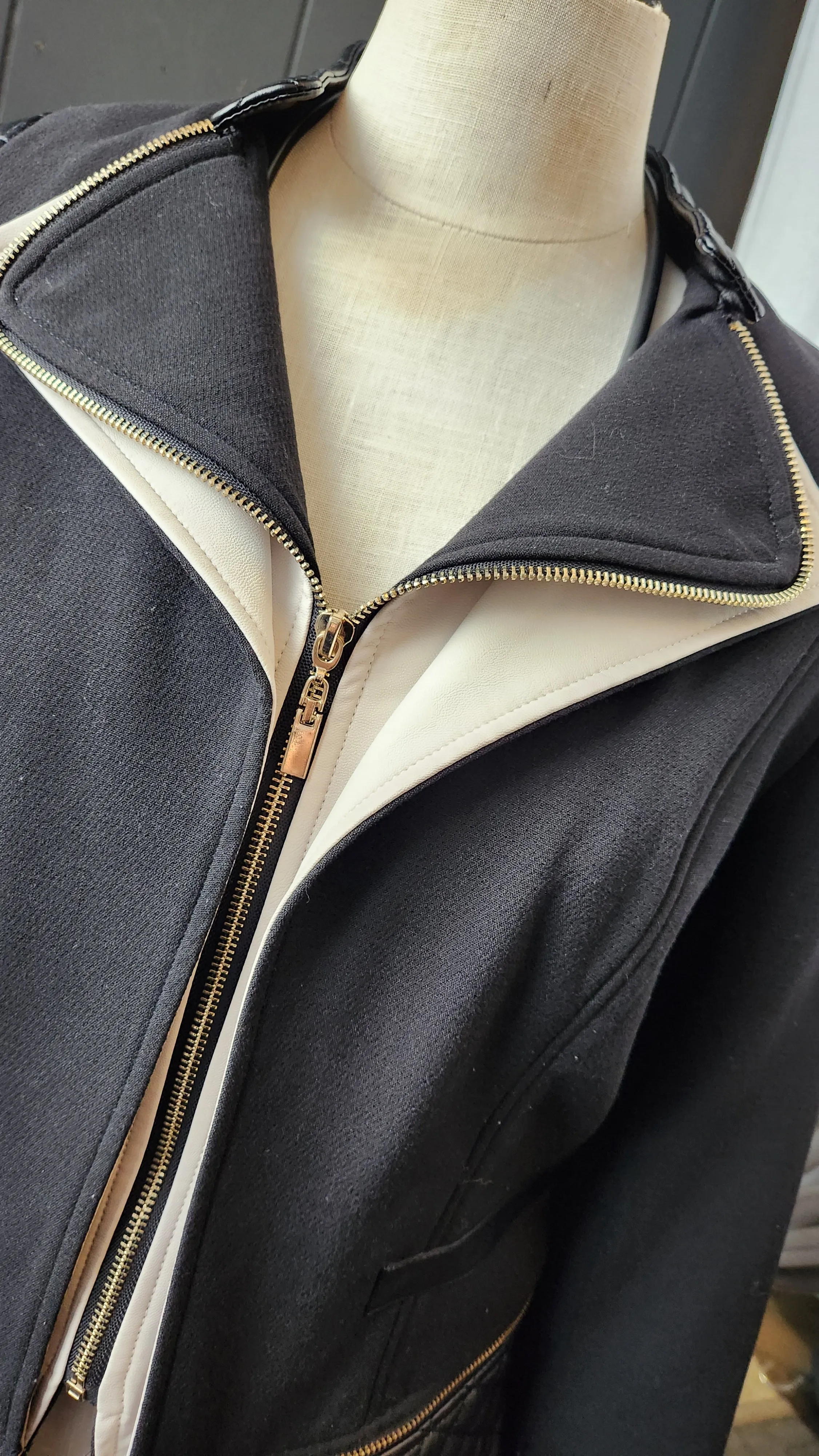 Luii Black Cloth and Leather Jacket with Zipper Details