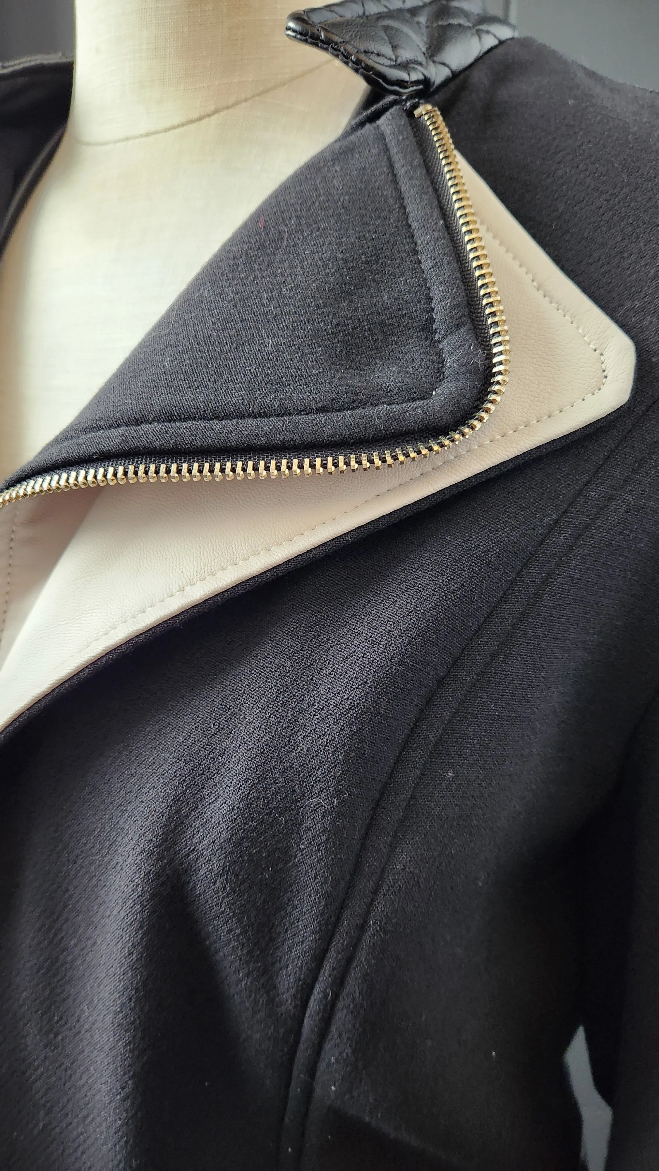 Luii Black Cloth and Leather Jacket with Zipper Details