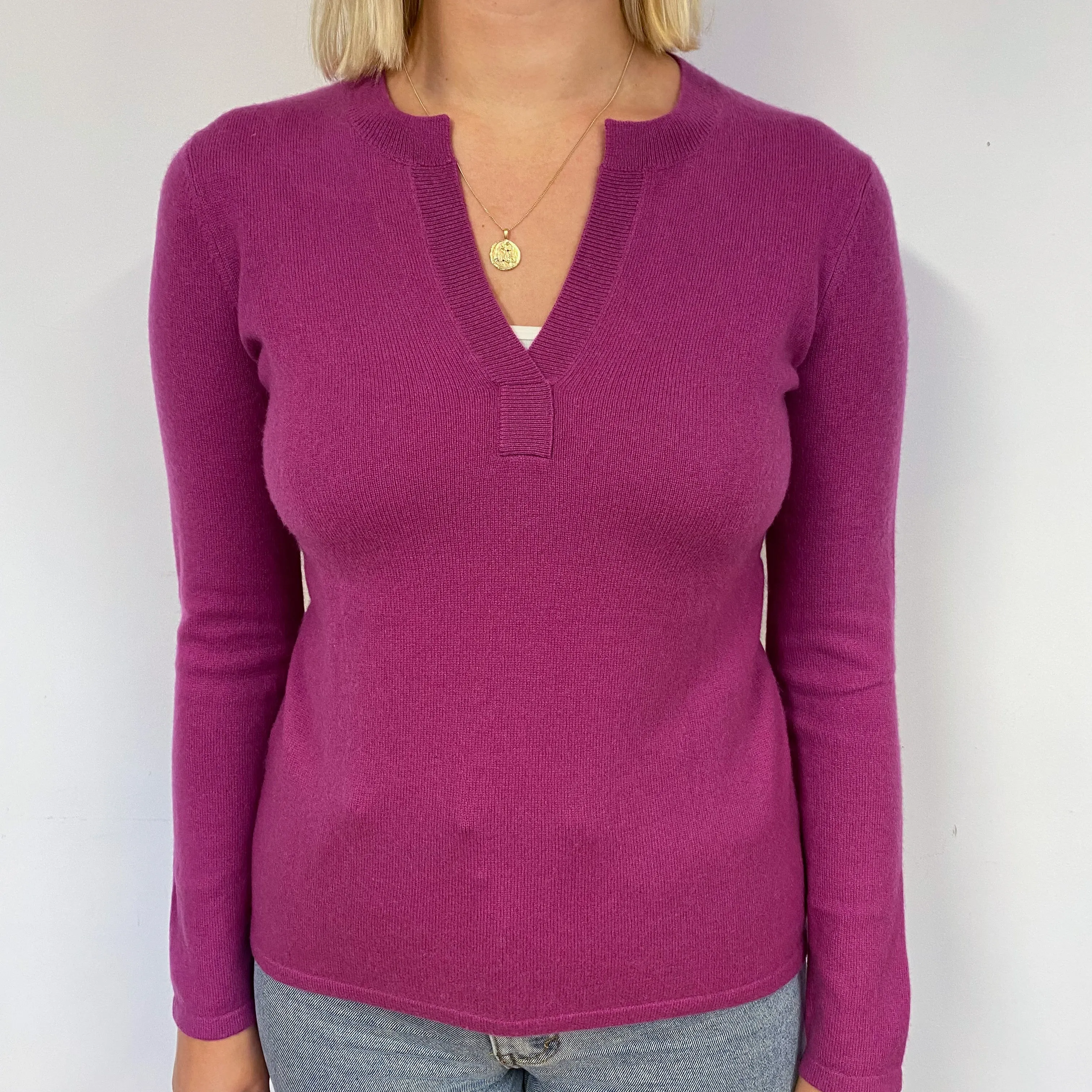 Magenta Pink Cashmere V-Neck Jumper Small