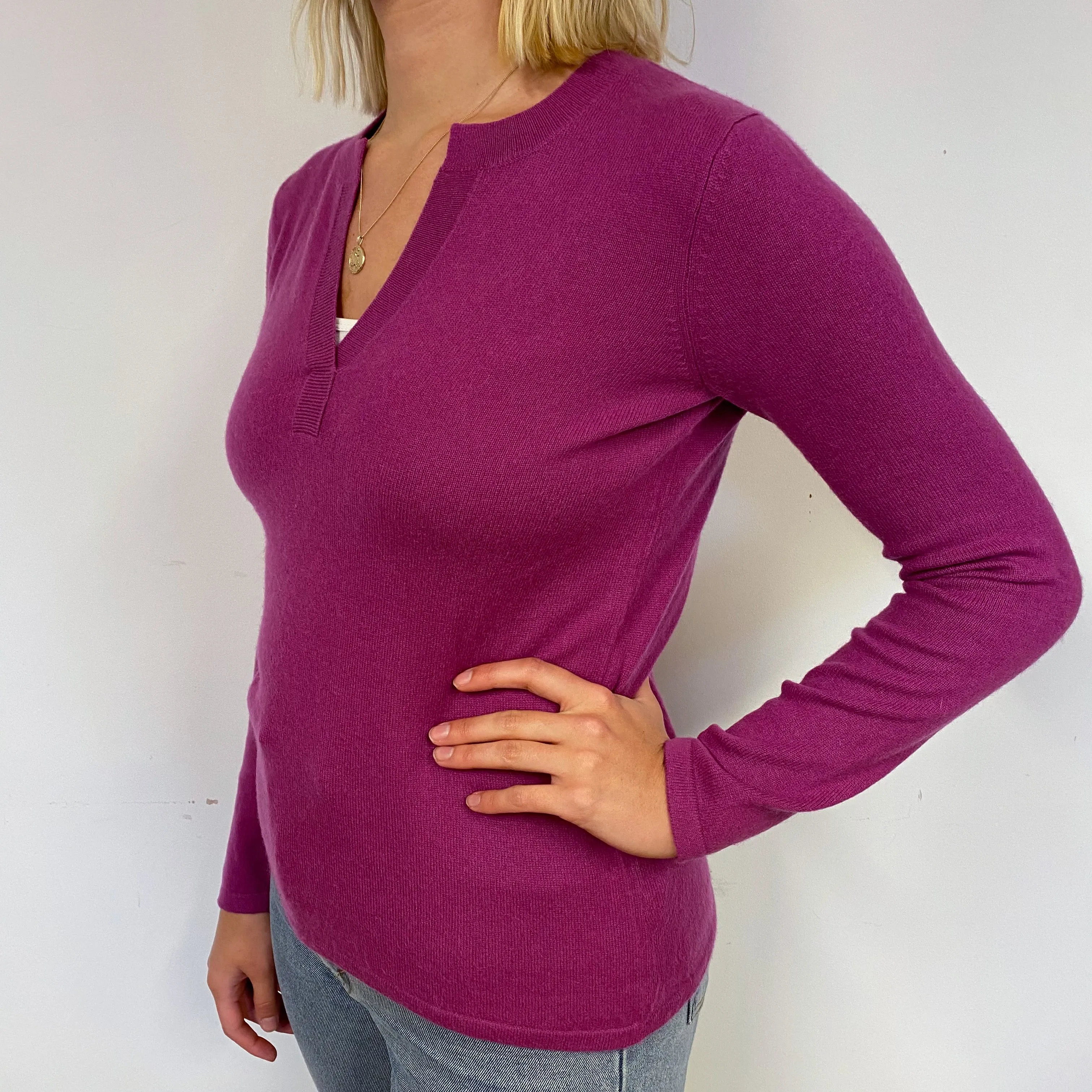Magenta Pink Cashmere V-Neck Jumper Small
