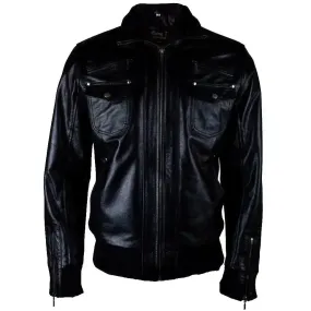 Men's Black Fashion Genuine Leather Bomber Jacket with 6 Front Pockets