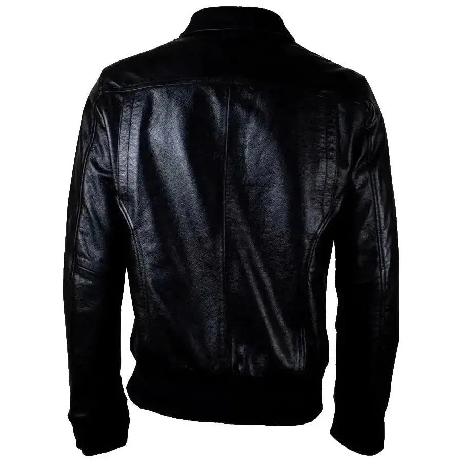 Men's Black Fashion Genuine Leather Bomber Jacket with 6 Front Pockets