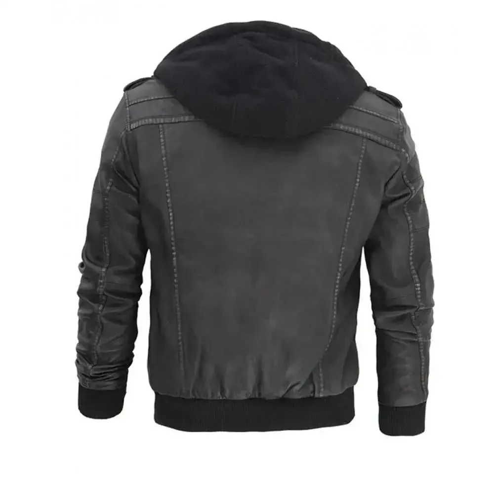 Men’s Grey Hooded Bomber Leather Jacket – Stylish & Comfortable