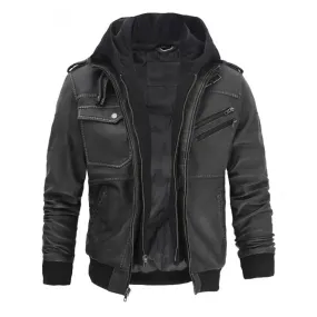Men’s Grey Hooded Bomber Leather Jacket – Stylish & Comfortable