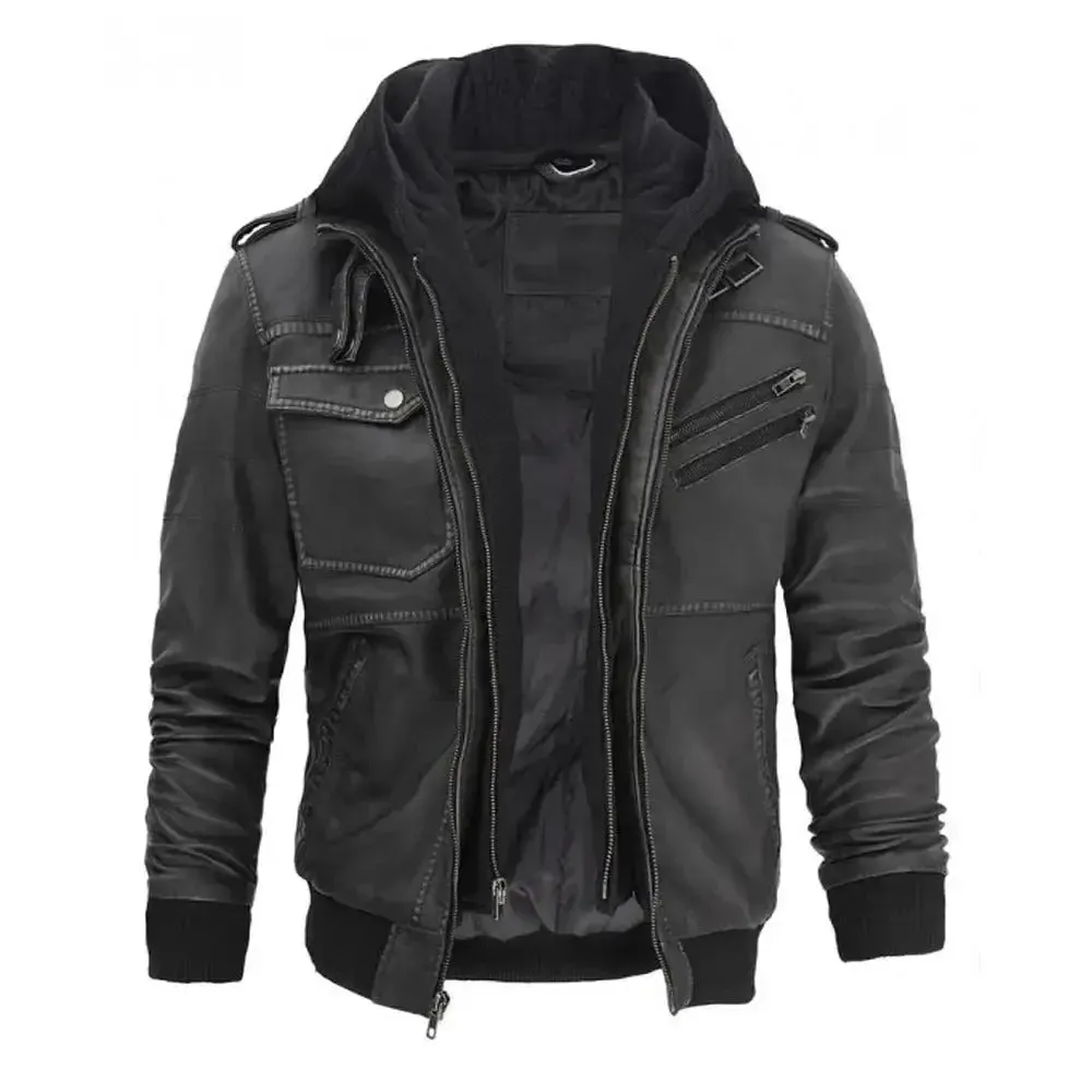 Men’s Grey Hooded Bomber Leather Jacket – Stylish & Comfortable