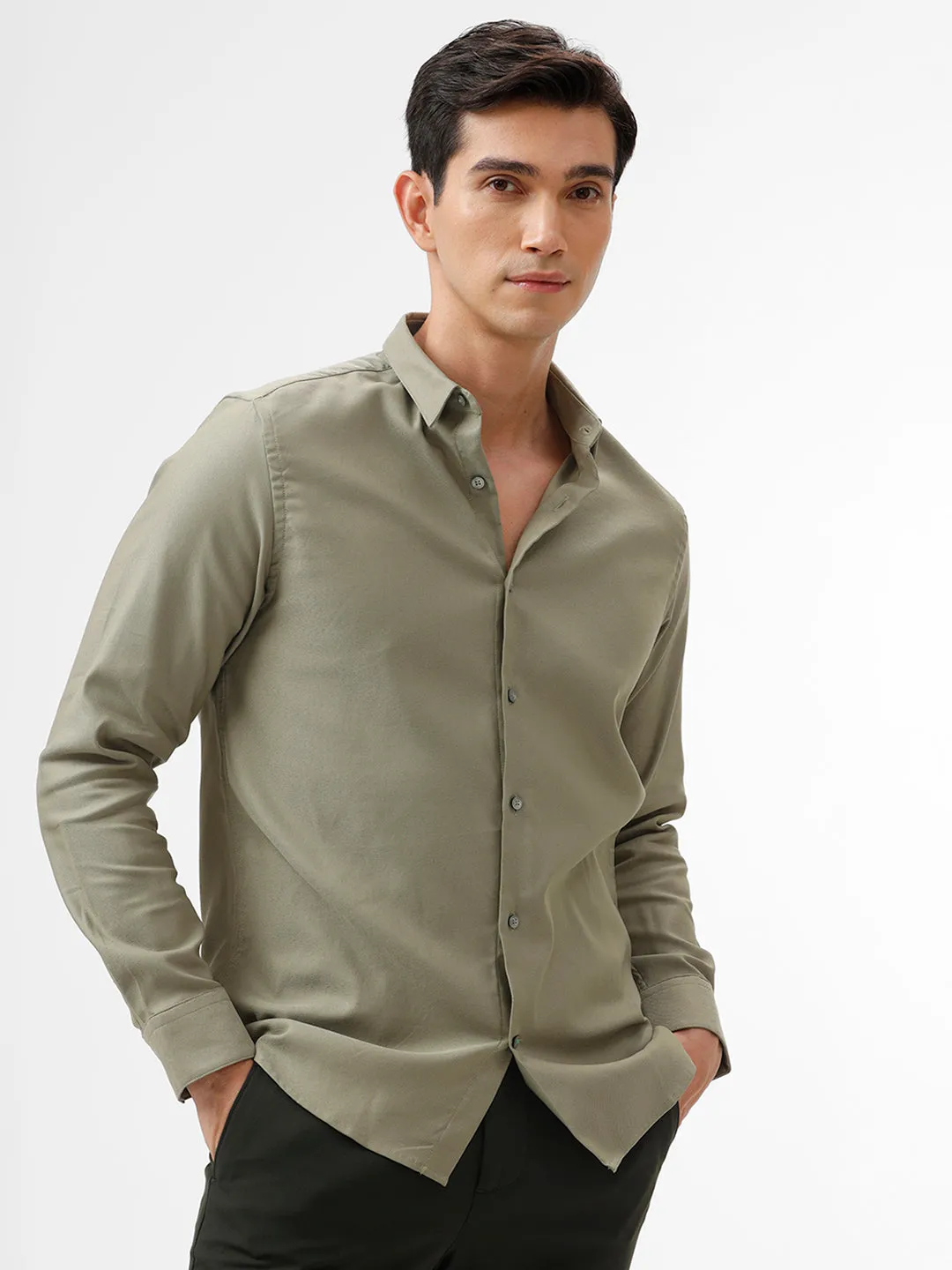 Men's Light Mehandi Comfort Fit Solid Full Sleeves Shirt - Style Think