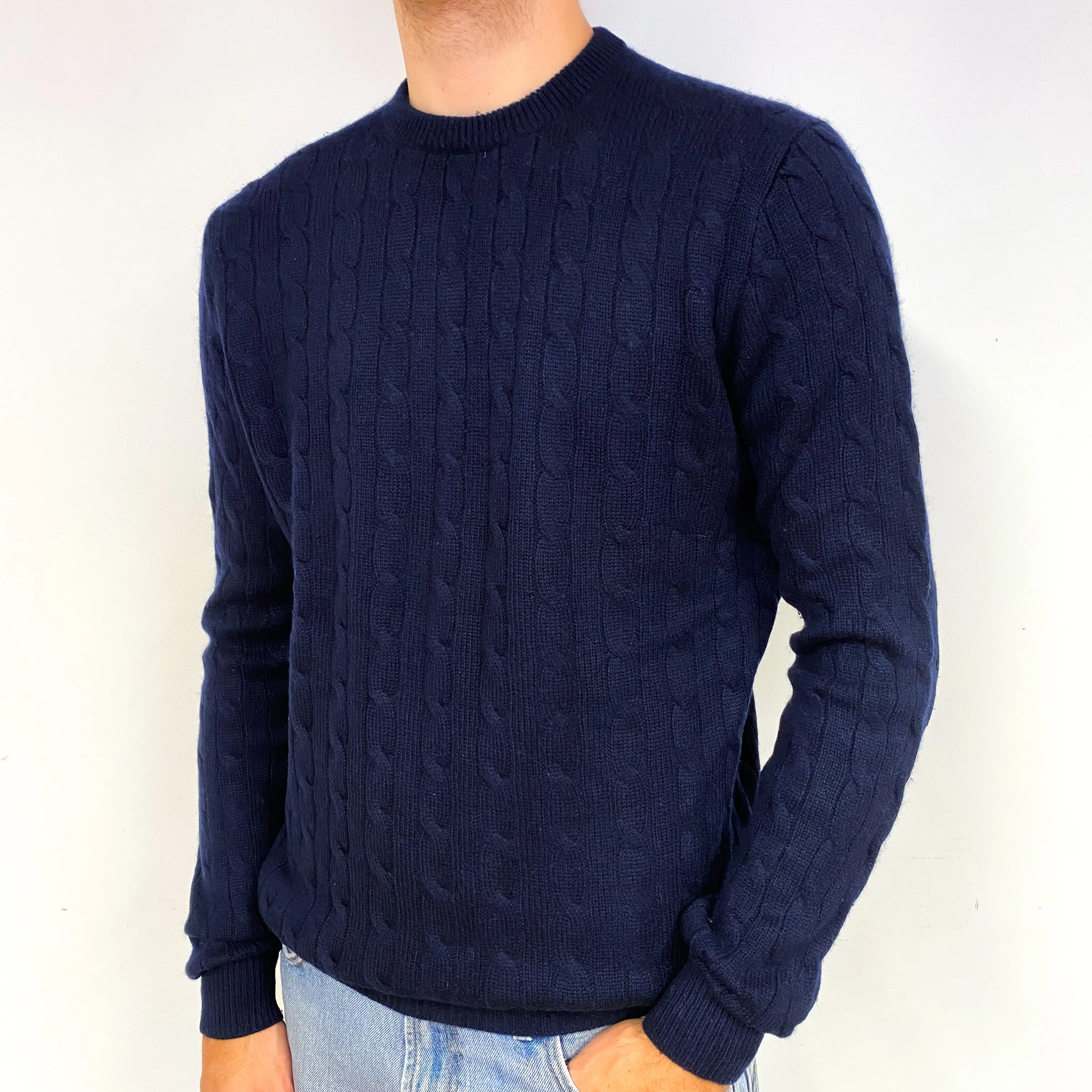 Men's Navy Blue Cable Knit Cashmere V-Neck Jumper Medium
