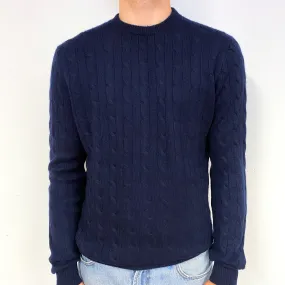 Men's Navy Blue Cable Knit Cashmere V-Neck Jumper Medium
