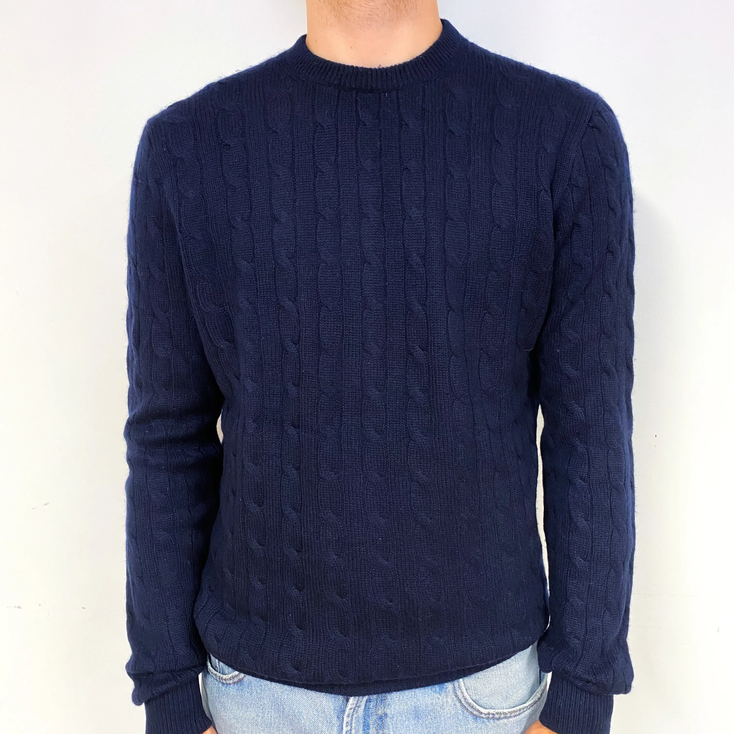 Men's Navy Blue Cable Knit Cashmere V-Neck Jumper Medium