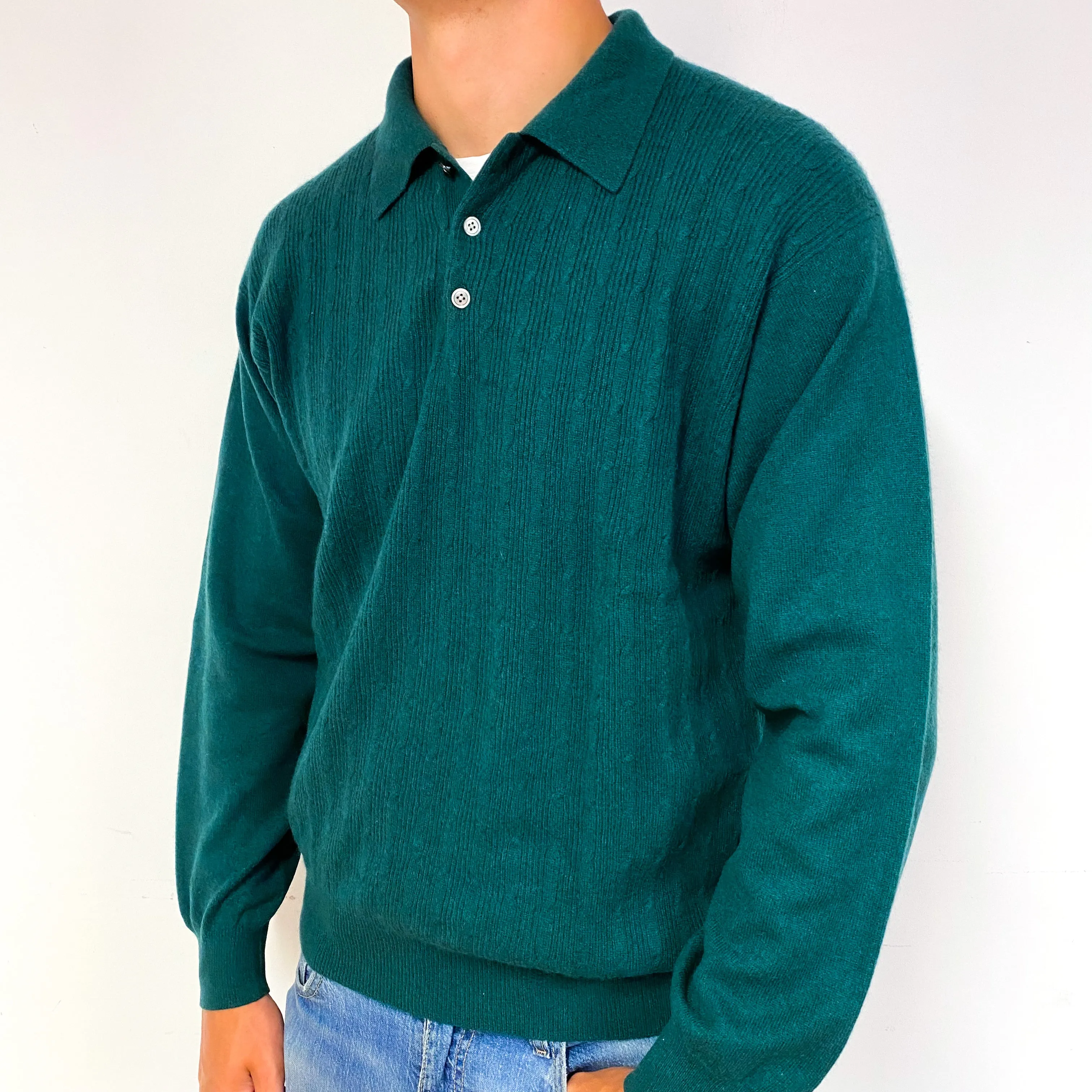 Men's Racing Green Cashmere 1/4 Button Jumper Extra Large