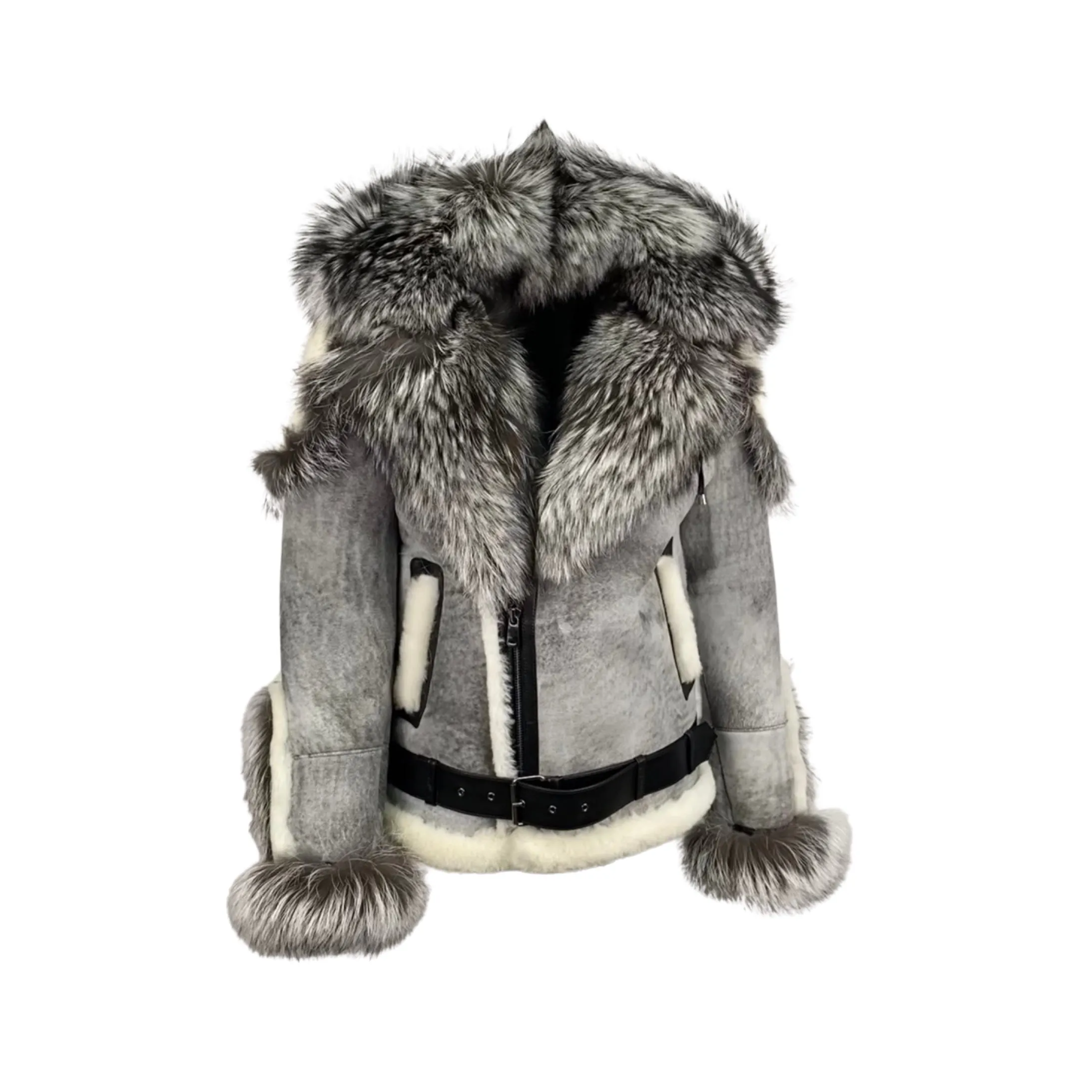 Men's Silver Fox Trimmed Biker Shearling Jacket Style # 3004