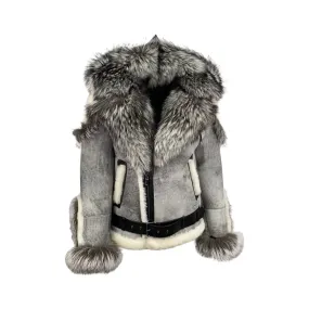 Men's Silver Fox Trimmed Biker Shearling Jacket Style # 3004