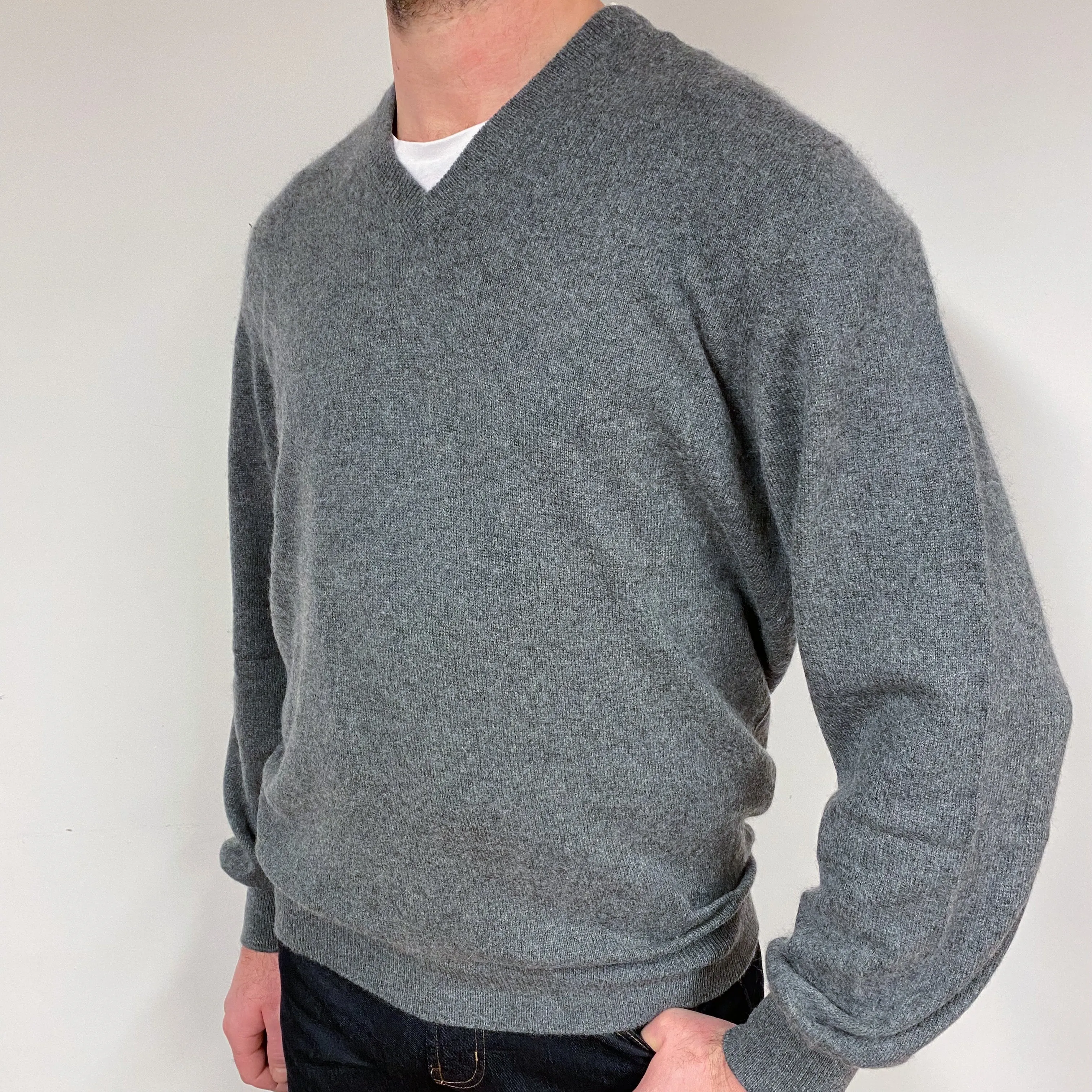 Men's Slate Grey Cashmere V-Neck Jumper Extra Large