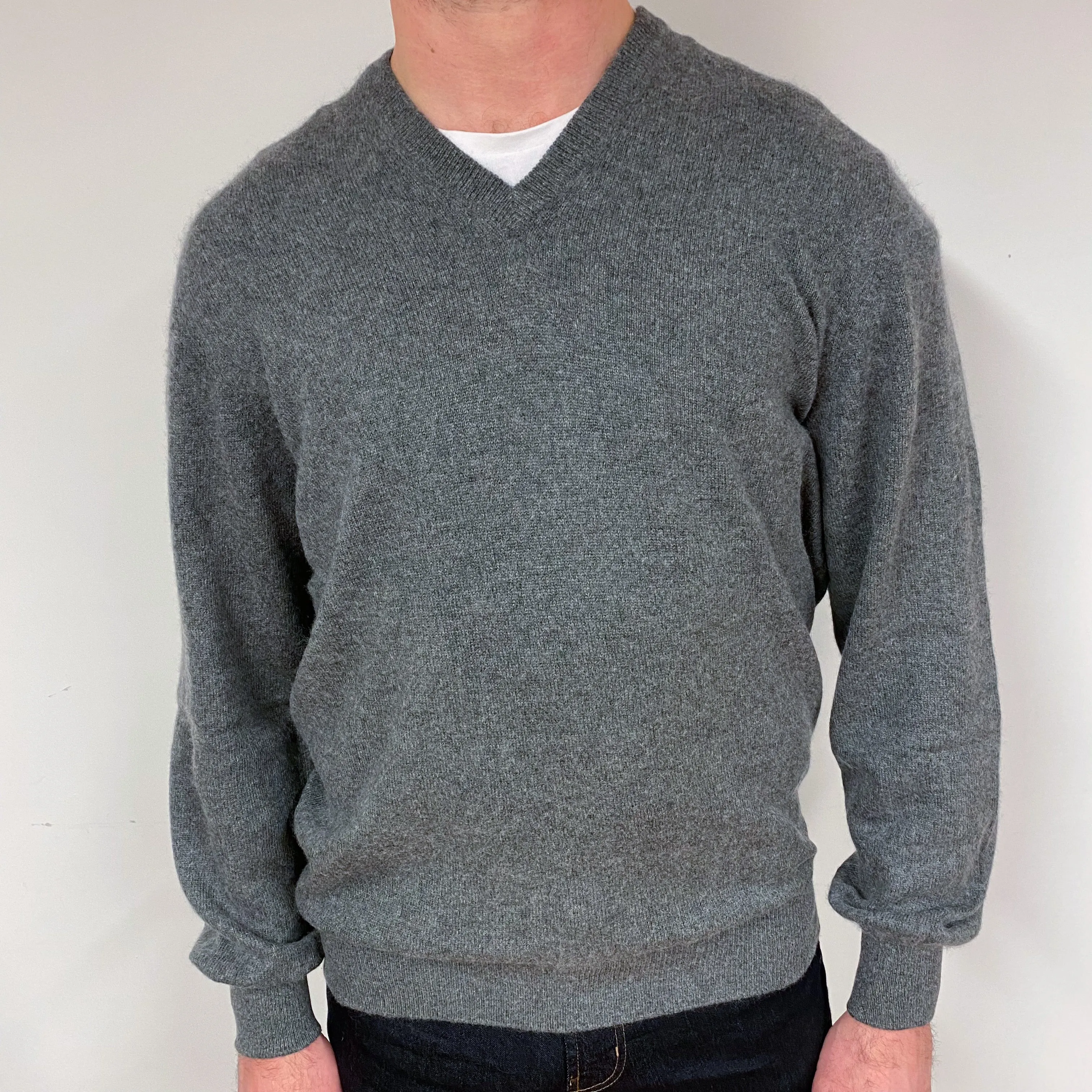 Men's Slate Grey Cashmere V-Neck Jumper Extra Large