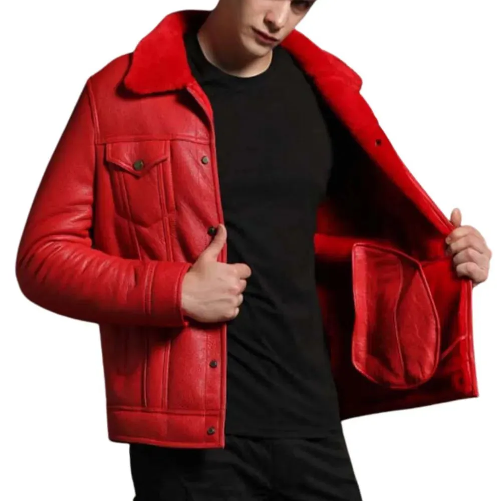 Men’s Trucker Red Shearling Leather Jacket