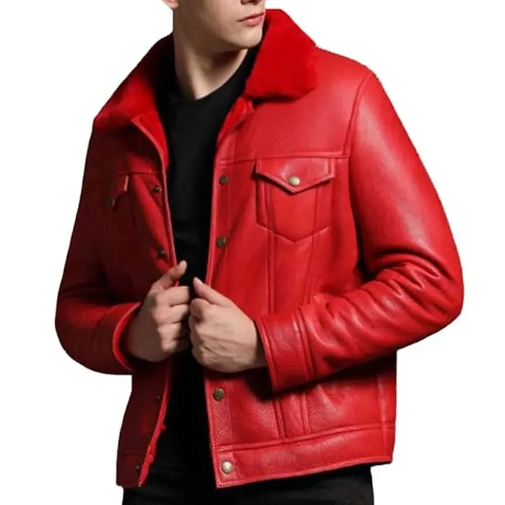 Men’s Trucker Red Shearling Leather Jacket
