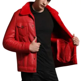 Men’s Trucker Red Shearling Leather Jacket