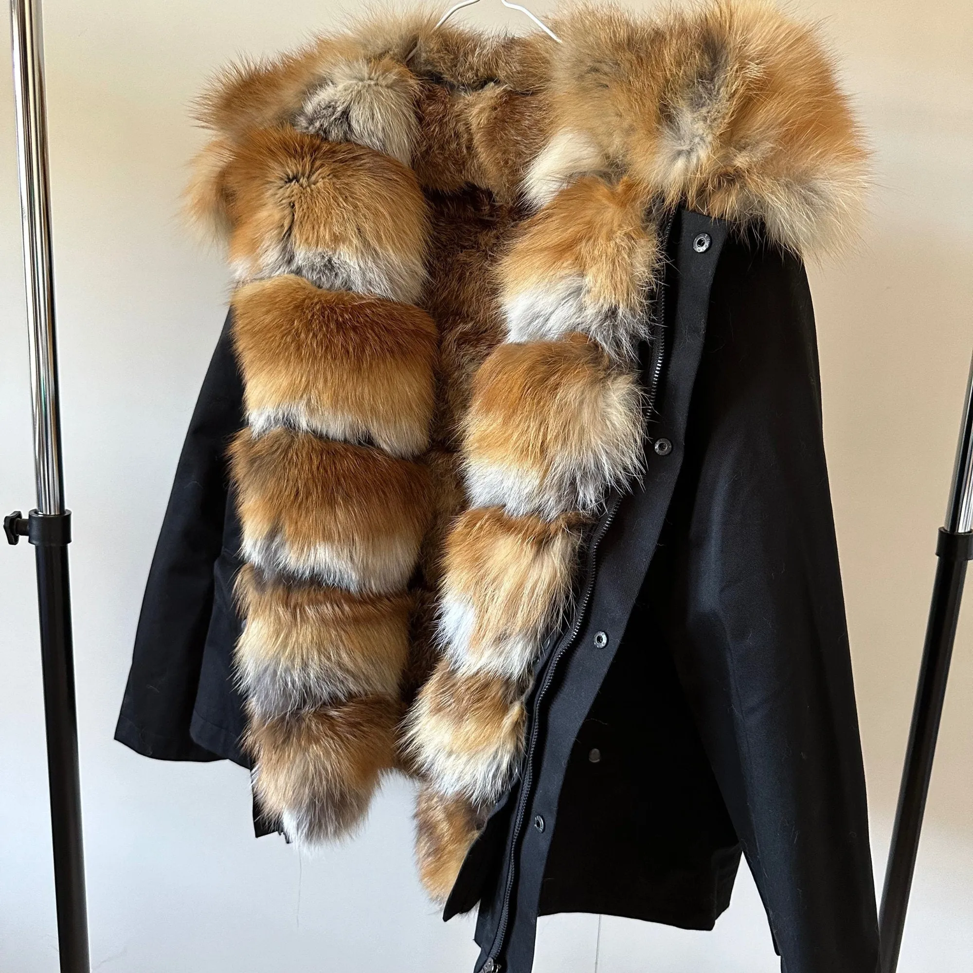 Men's Twill Bomber Parka with Detachable Fox Fur Vest
