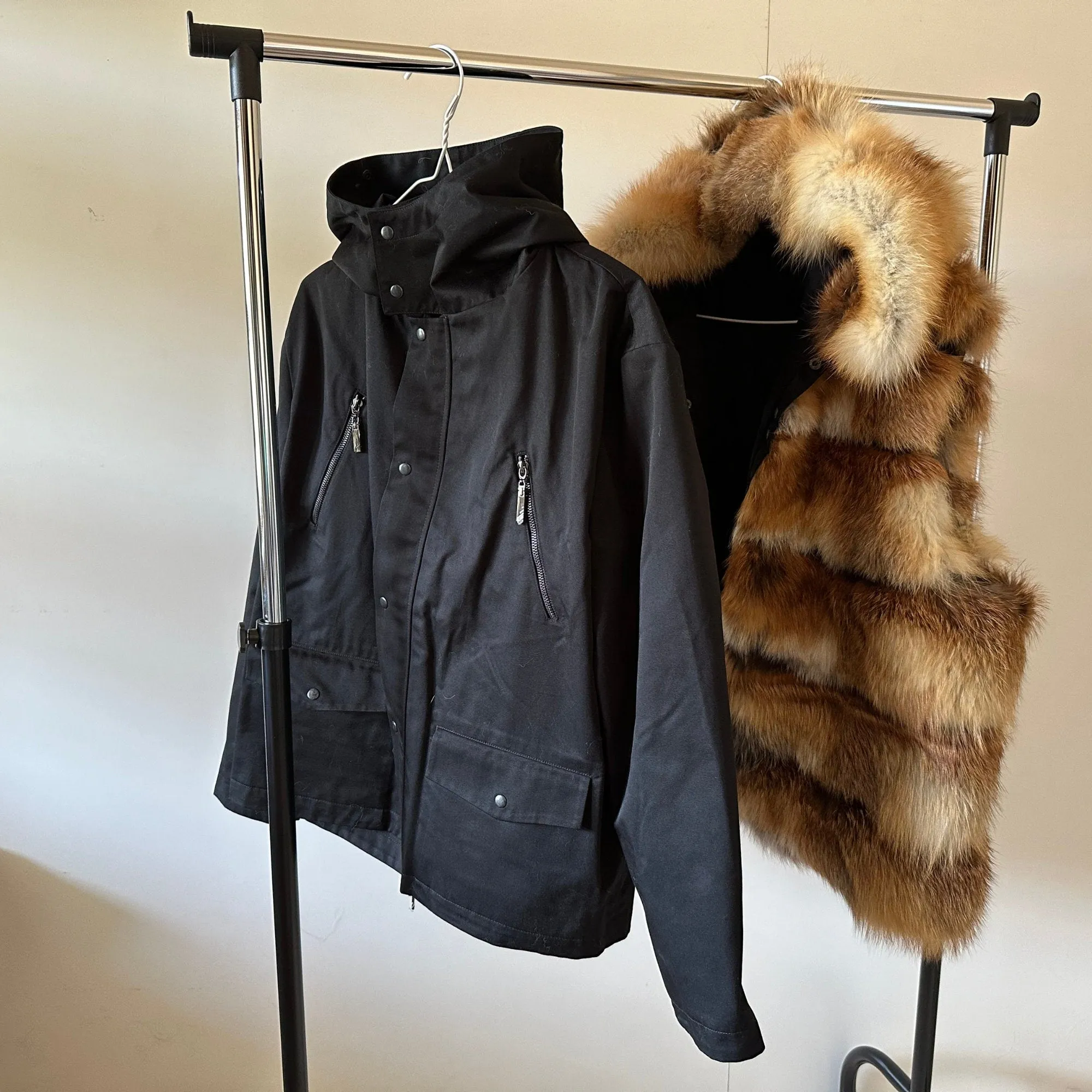 Men's Twill Bomber Parka with Detachable Fox Fur Vest