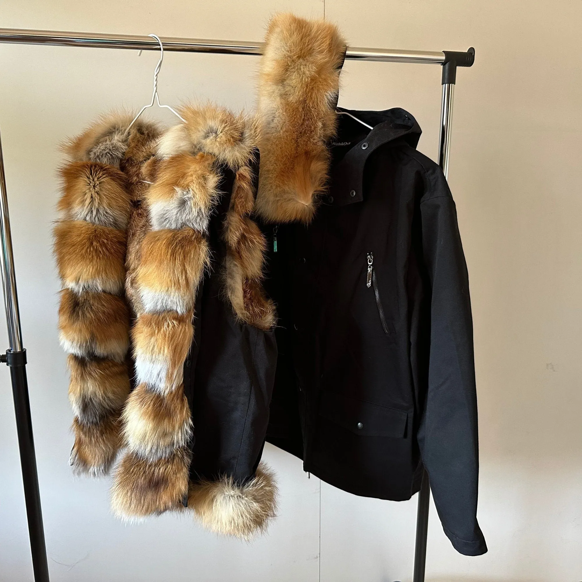 Men's Twill Bomber Parka with Detachable Fox Fur Vest