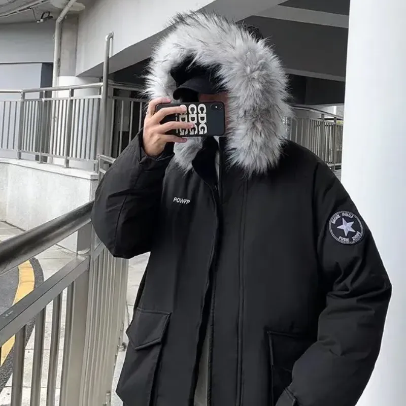 Mens winterproof parka jacket with detachable faux fur collar