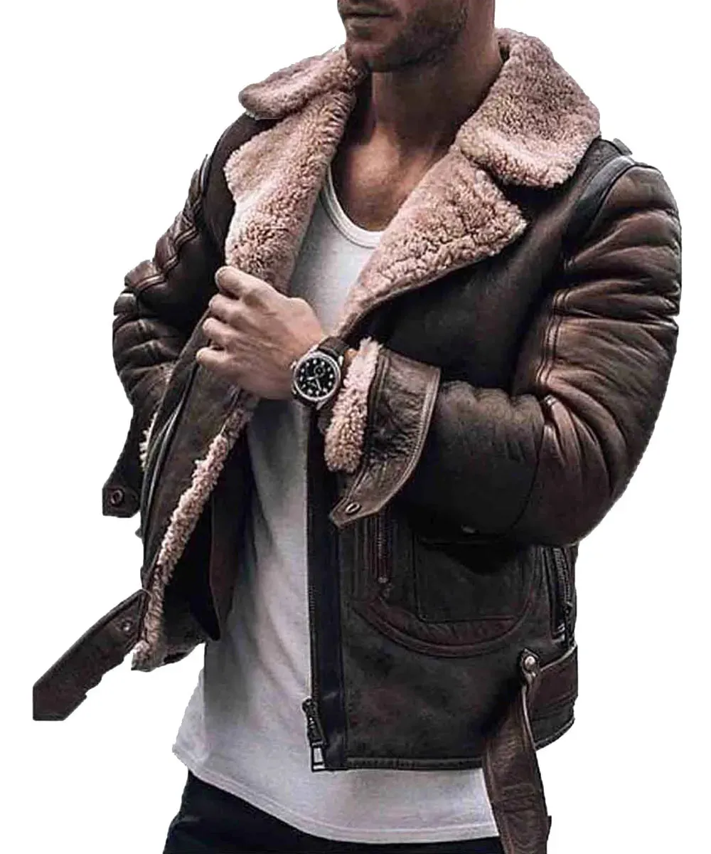 Men’s WJM001 Street Style Brown Shearling Leather Jacket