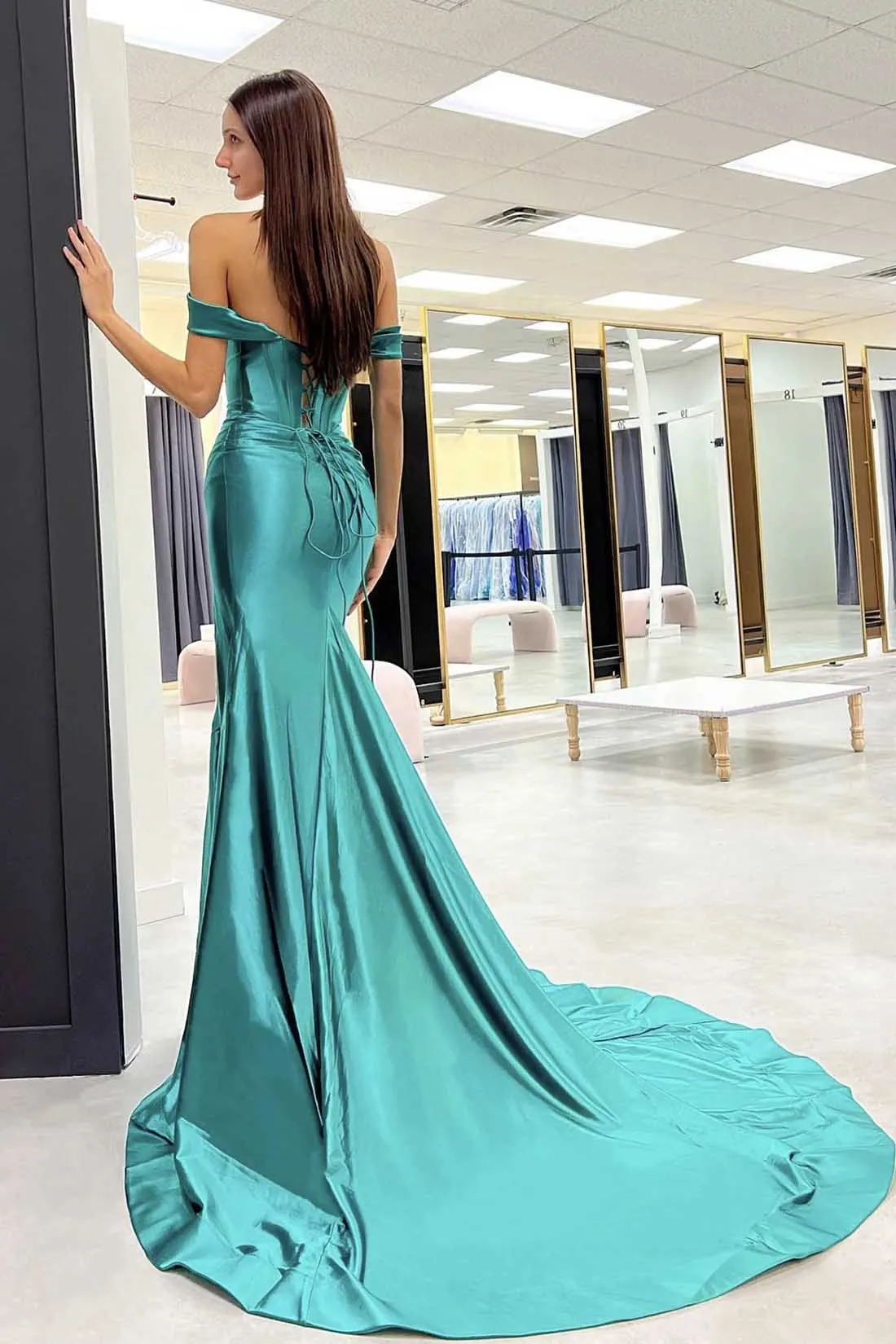 Mermaid Off-the-Shoulder Long Prom Dress, Green Satin Corset High Slit Evening Dress