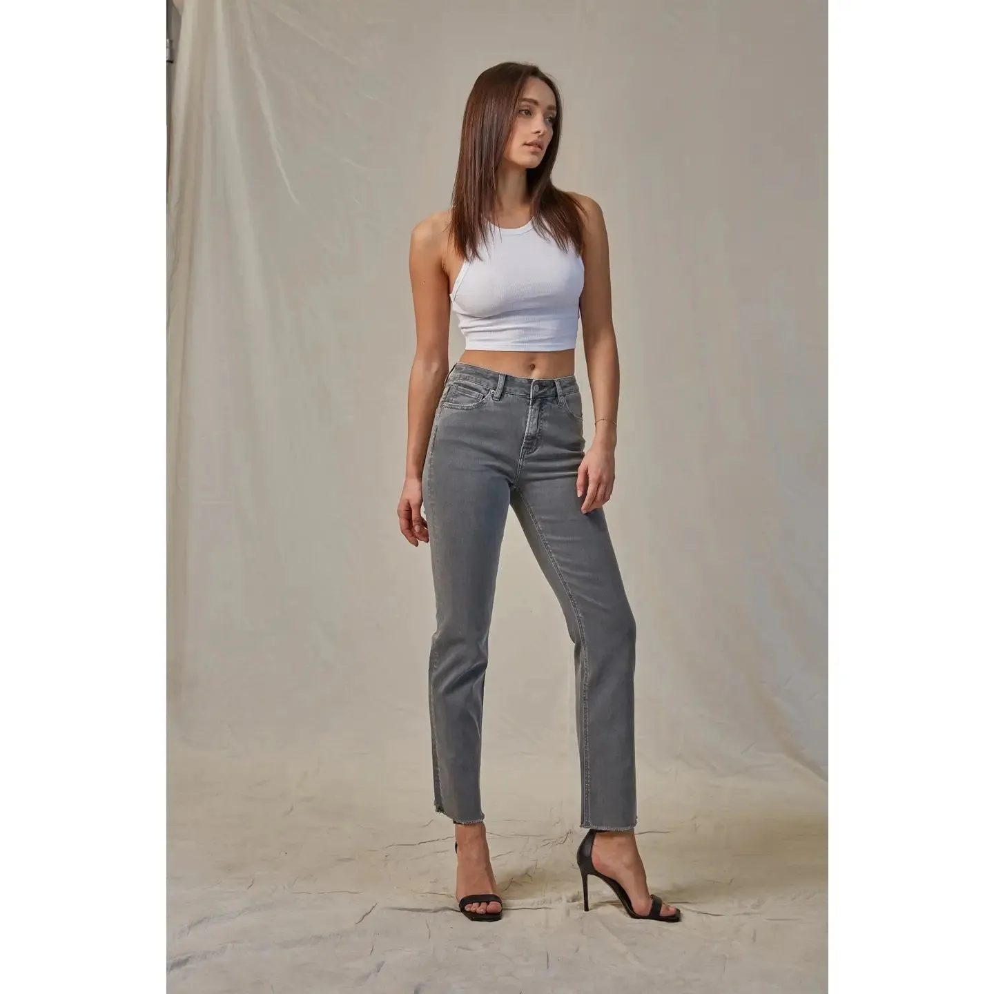 Mica Denim High Rise Straight Leg Vintage Garment Dyed Gunmetal Gray Jeans