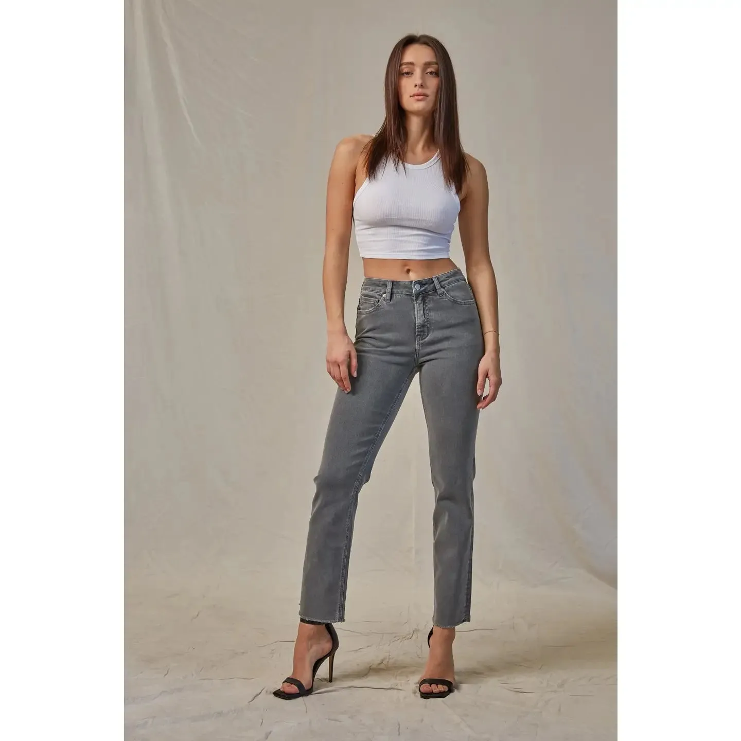 Mica Denim High Rise Straight Leg Vintage Garment Dyed Gunmetal Gray Jeans